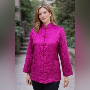 Plum Blossoms Pink Silk Brocade Jacket Mandarin Collar Frog Closure Size Large